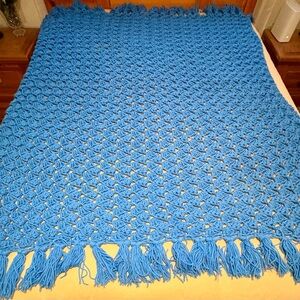 Blue Handmade Crochet Afghan Open Weave Blanket 65" X 57"